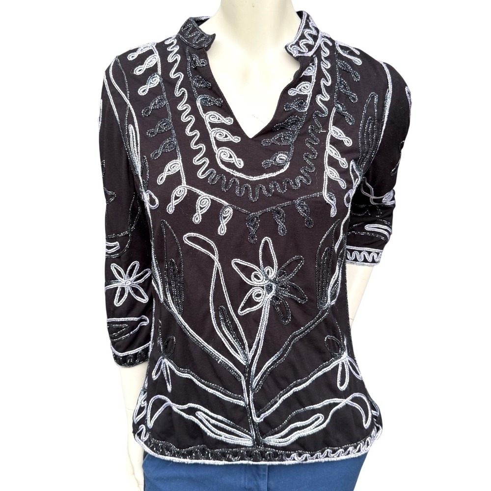 Lauren Michele Embroidered Tunic Black Silver Floral Boho Whimsigoth‎ Artsy S